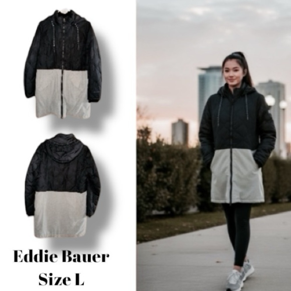 Eddie Bauer Lanely Hybrid Black Gray Down Parka Women’s Size Large EUC Gorpcore